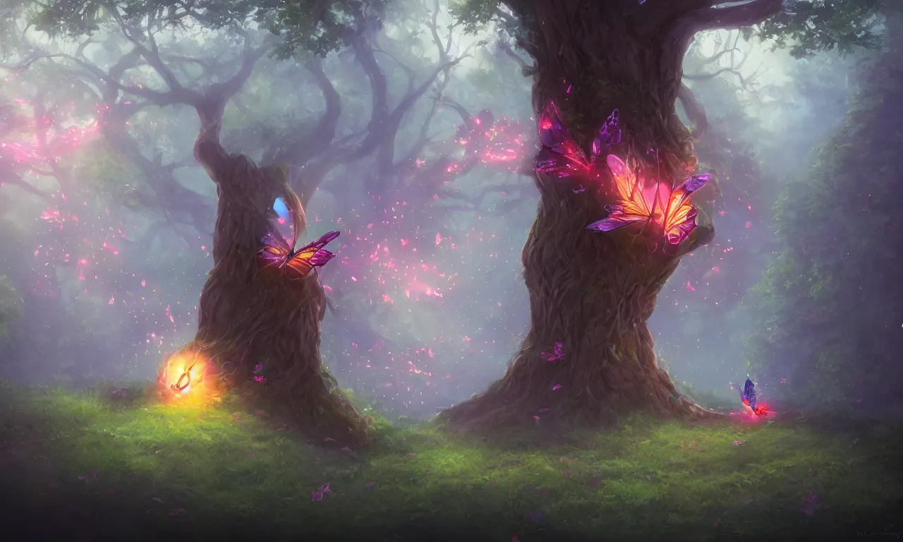 Prompt: Glowing Butterfly sitting on a tree in the forest, trending on artstation, by Noah Bradley