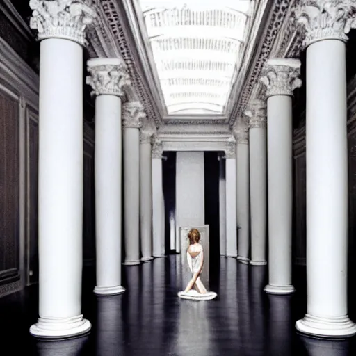 Prompt: 1 9 6 0 s movie still of emma stone in a gigantic neoclassical room with columns, cinestill 8 0 0 t 3 5 mm, high quality, heavy grain, high detail, panoramic, cinematic composition, dramatic light, ultra wide lens, anamorphic, flares