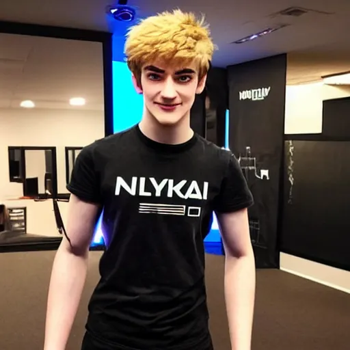 Image similar to “a realistic detailed photo of a guy who is an attractive humanoid who is half robot and half humanoid, who is a male android, twitch streamer Ninja Tyler Blevins, shiny skin, posing like a statue, blank stare, gaming room”