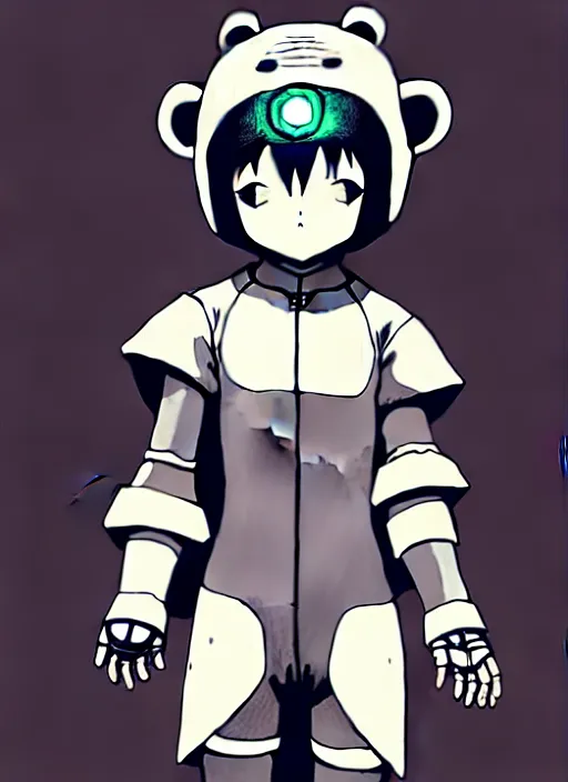 Image similar to beautiful little boy wearing an cyborg bear suit, artwork in kentaro miura and made in abyss and rosdraws, smooth, beautiful lightness, anatomically correct, trending on pixiv, forest