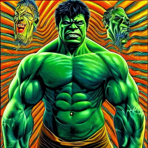 Prompt: the incredible hulk, painted by alex grey