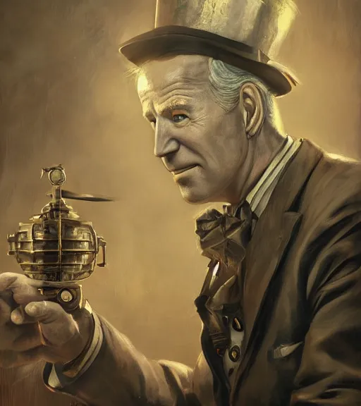 Image similar to portrait of steampunk joe biden cosplaying, by wlop, by simon stalengrad, by ilya repin, bioshock screenshot, photorealistic fan art, detailed shading, intricate abstract, steampunk impressionism