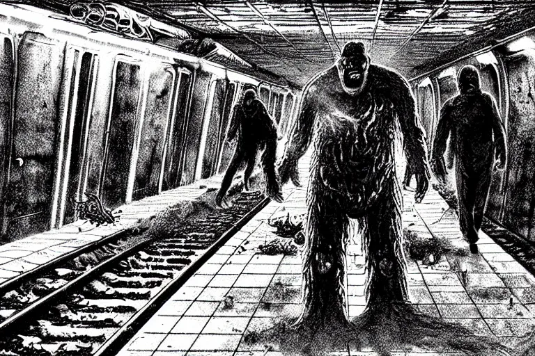 Prompt: very large giant mutant zombie irradiated an ifected with cancer and worms angry rat staying on railways in tonnel of moscow subway. extreme high detail, very realistic. low dark light, scary mood.