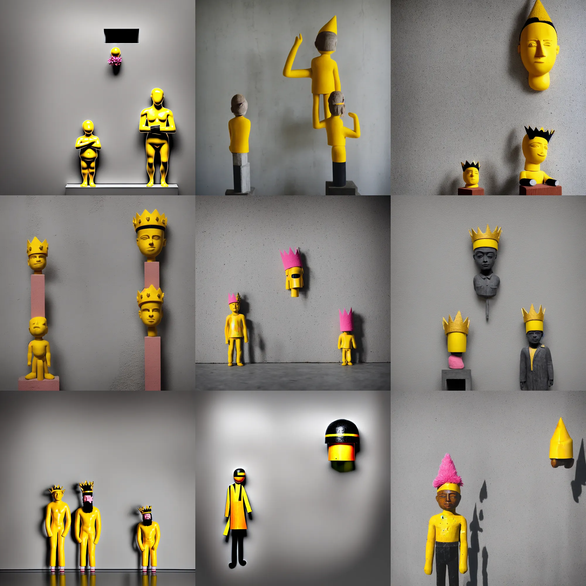 Image similar to kodak portra 4 0 0, 8 k, shot of a highly detailed, britt marling style, colour still - life portrait of a large minimalistic room, rough concrete walls, the wooden statue of a yellow black striped little man with pink crown on his head