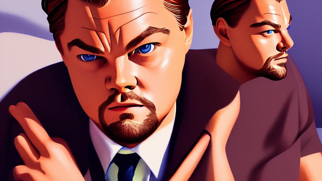 Image similar to beautiful illustration of a Leonard DiCaprio by Edward Hopper, clean lines, very detailed, colorful octane render