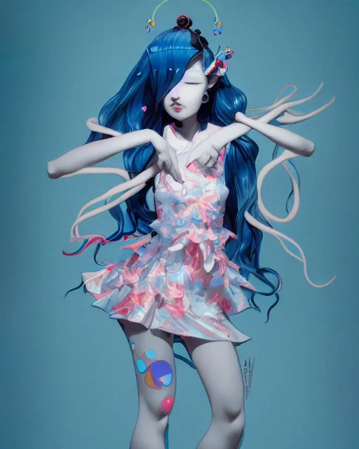 Image similar to james jean isolated vinyl figure harajuku magical girl character design, figure photography, dynamic pose, holographic undertones, motion shapes color design, glitter accents on figure, anime stylized, sharp focus, accurate fictional proportions, high delicate defined details, ethereal lighting