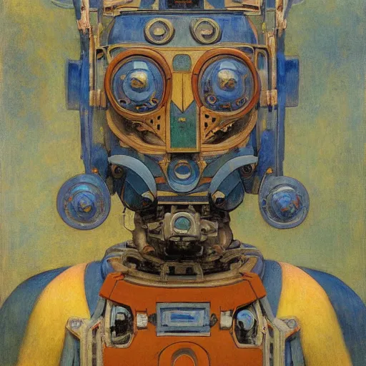 Image similar to painting of the mechanical robot in a floral mask, by annie swynnerton and diego rivera and nicholas roerich and jean delville, symbolist, dramatic lighting, elaborate geometric ornament, art brut, soft cool colors, smooth, sharp focus, extremely detailed, adolf wolfli and donato giancola