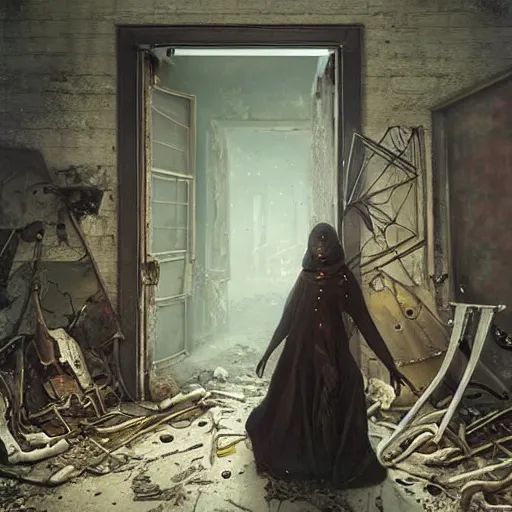 Image similar to A horrific painting of sinister broken mannequins in an abandoned warehouse. Backroom liminal spaces. Queue. Door. by Tom Bagshaw, Dan Mumford, Dariusz Zawadzki, Todd McFarlane, and Erik Johansson