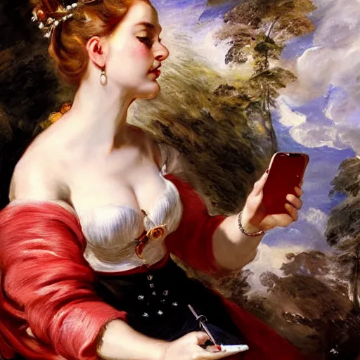 Image similar to heavenly summer sharp land sphere scallop well dressed lady taking a selfie with her iphone auslese, by peter paul rubens and eugene delacroix and karol bak, hyperrealism, digital illustration, fauvist, iphone