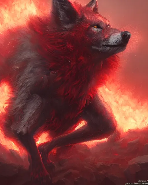 Prompt: oil painting of Angry Anthropomorphized Wolf Berserker, wearing red fur, claws, sharp focus, attack pose, fantasy style, octane render, volumetric lighting, 8k high definition, by greg rutkowski, highly detailed, trending on art Station, burning Battlefield background, centered