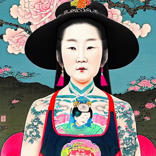 Image similar to full view, from a distance, of princess from the qing dynasty with tattoos, wearing a cowboy hat, style of yoshii chie and hikari shimoda and martine johanna, highly detailed