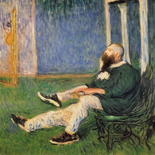 Prompt: monet painting of a bearded man with shaved head, he is vomiting on a soccer ball, highly detailed, realistic,