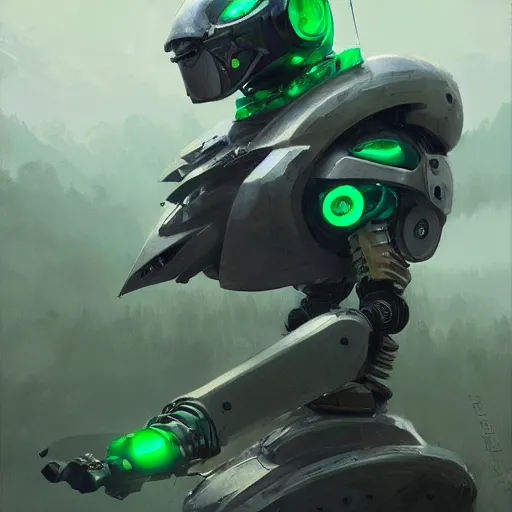 Prompt: self portrait of a robot eagle with green and white body armor, digital art, realistic, ultradetailed, concept art, art by greg rutkowski and thomas kinkade, trending on artstation, devianart, cgsociety