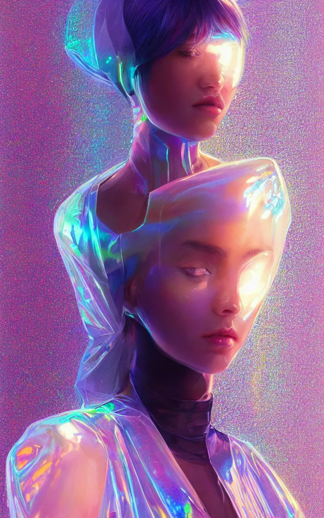 Image similar to transparent poncho, holographic plastic, pearl shine translucency, fashion design, neon illumination, qr detailed sleeves, sport photoshoot, digital art, highly detailed, character design, artstation, concept art, art by artgerm, greg rutkowski, craig mullins, stanley artgerm lau, wlop, ross tran, james jean