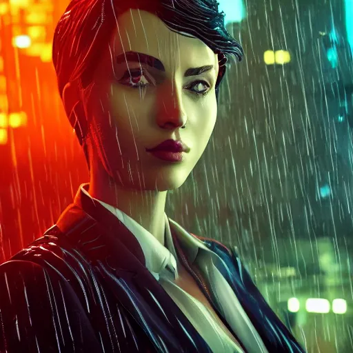 Image similar to cinematic cartoon women portrait made out of rain, pinstripe suit, short hair, cyberpunk background, rendered in octane, unreal engine, highly detailed, trending on artstation, realistic, splashes of neon, beautiful