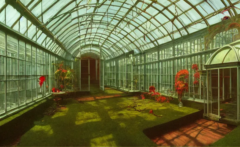 Prompt: Inside a victorian greenhouse, Edward Hopper and James Gilleard, Zdzislaw Beksinski, Mark Ryden, Wolfgang Lettl highly detailed, hints of Yayoi Kasuma