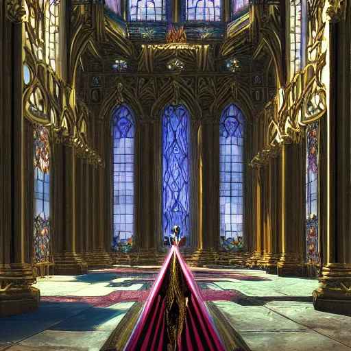 Prompt: Digital art of the opulent throne room Imperial matte finish, ominous dramatic wide angle, god rays stained glass Marc Simonetti