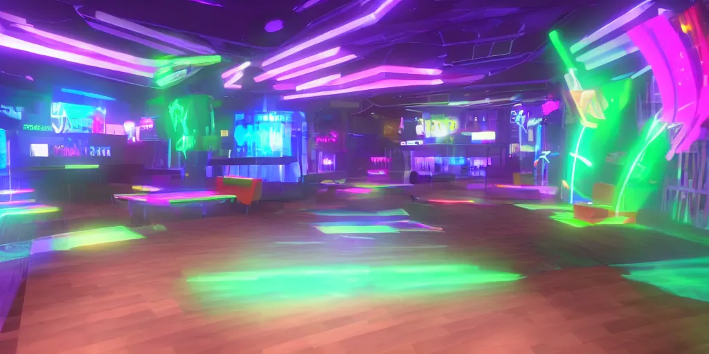 Image similar to VRChat world lobby with neon lighting.