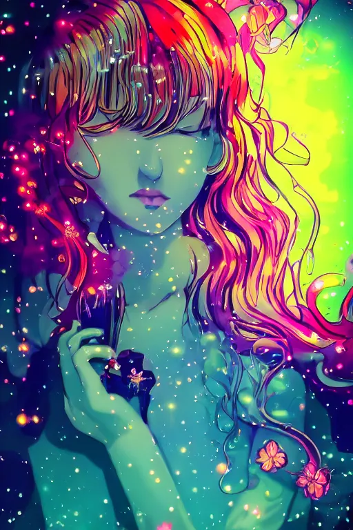 Image similar to psychedelic, whimsical, anime, 4k, beautiful intimate woman blowing smoke, with professional makeup, long trippy hair, a crystal and flower dress, sitting in a reflective pool, surrounded by gems, underneath the stars, rainbow fireflies, trending on patreon, deviantart, twitter, artstation, volumetric lighting, heavy contrast, art style of Ross Tran and Viktoria Gavrilenko and Ilya Kuvshinov
