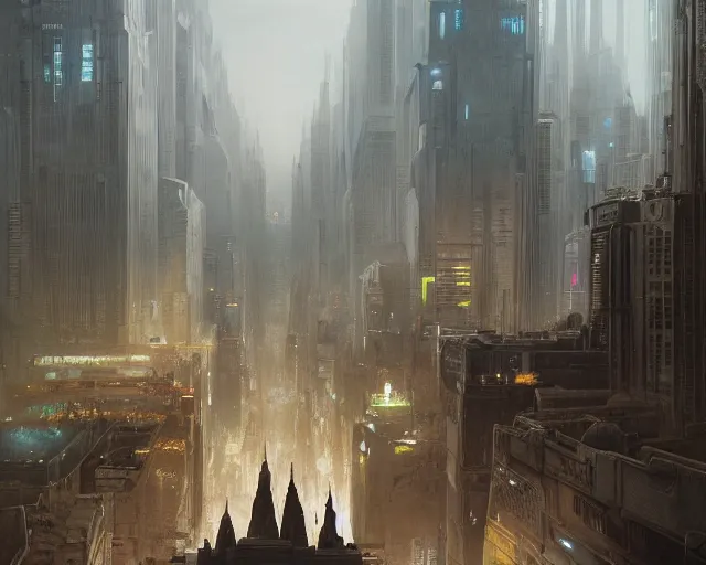 Image similar to great city being watched over by an all-seeing malevolent AI, a sci-fi digital painting by Greg Rutkowski and James Gurney, trending on Artstation, eerily beautiful, highly detailed