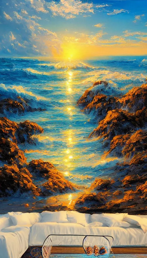 Image similar to Romanticism painting of the beach on a hot summer day, dramatic lighting, volumetric lighting, intricately detailed, canvas print