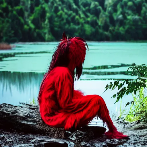 Prompt: Young Harpy-Girl, red feathered wings, wearing Inka clothes, sad expression, sitting at a pond, mountainous area, trees in the background, digital art