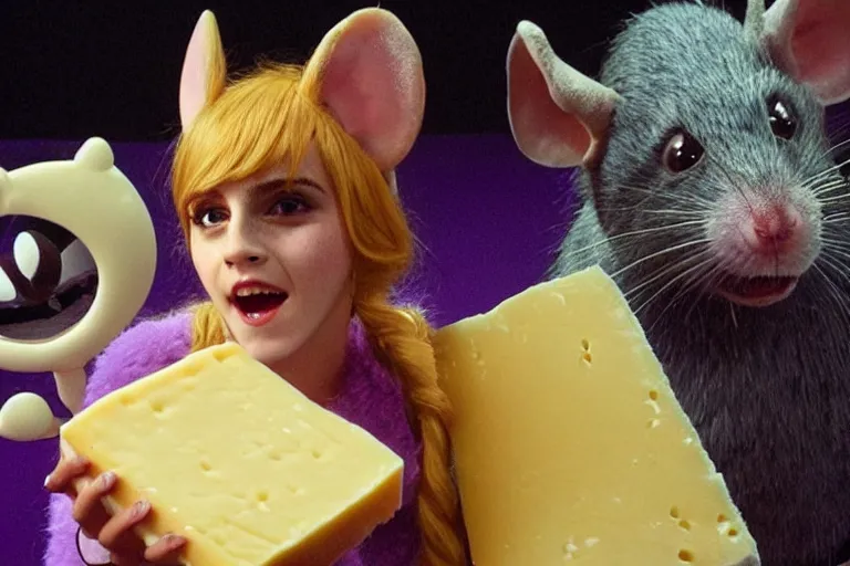 Image similar to photo, emma watson as antropomorphic furry - rat, tinky winky, eats cheese, highly detailed, intricate details