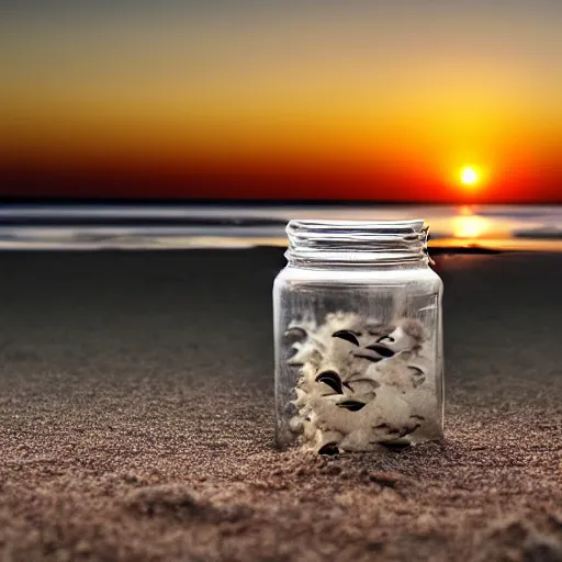 Prompt: a jar of seagulls on the beach at sunset, high resolution, Summer, artistic, award winning, masterpiece