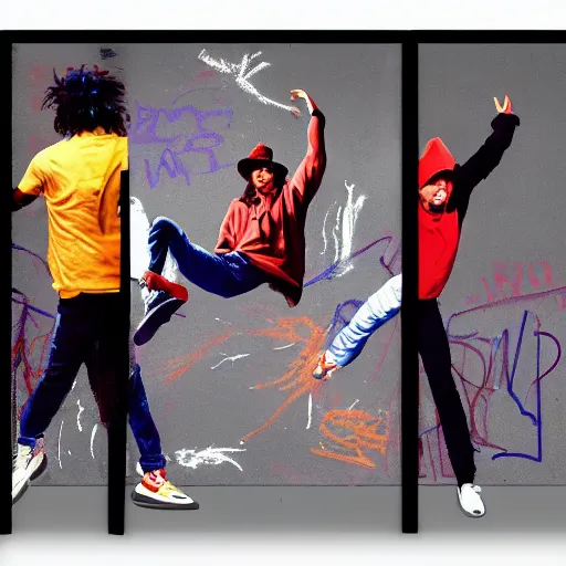 Image similar to four breakdancers battling in the bronx in 1984, by Andy Warhol, gritty, energetic, hyperrealistic, intricate, Moody lightning, trending on artstation