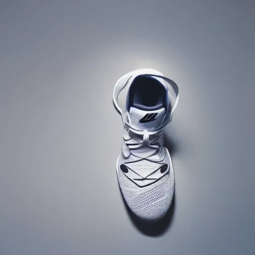 Image similar to a studio photoshoot of A Nike Lebron sneaker designed by Virgil Abloh, mesh fabrics, Off-White, realistic, color film photography by Tlyer Mitchell, 35 mm, graflex