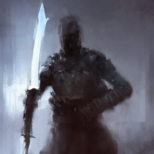 Image similar to knight holds sword made of lightning enemies everywhere, realistic, ultrahd, jeremy mann painting