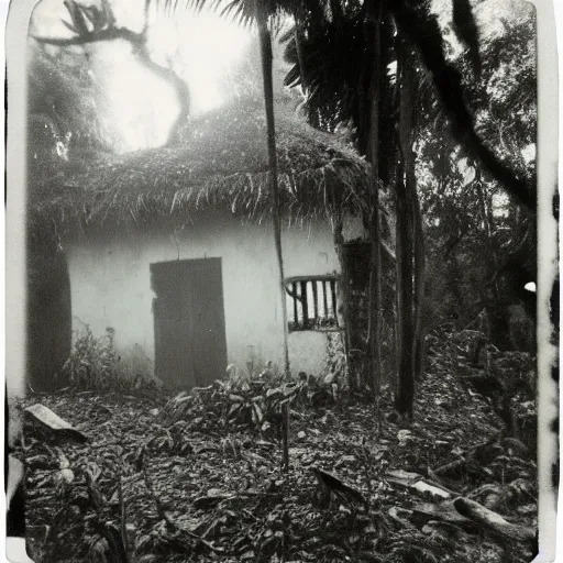 Image similar to an ancient evil-girl devouring the souls of the human kind on an abandoned house, Colombian jungle, mist, 1910 polaroid photography, grainy film, Black and white