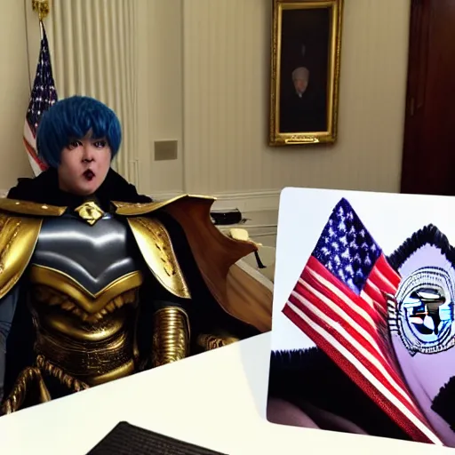 Prompt: a person cosplaying griffith from berserk by kentaro miura sitting at white house desk with american flag at his side