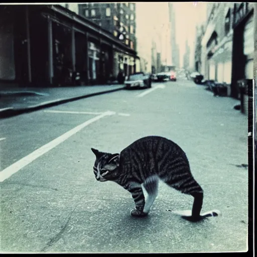Prompt: wide-shot very low-angle eyesight photo of stray cat and a banana peel at the street in New York, polaroid photo, by Andy Warhol, signed