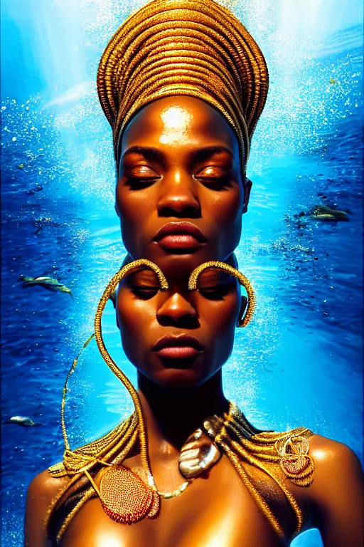 Image similar to hyperrealistic precisionist cinematic half underwater scene very expressive! translucent elegant african goddess full body, gold jewerly, highly detailed face, digital art masterpiece, aykut aydogdu eric zener, dramatic volumetric light, long shot, low angle uhd 8 k, sharp focus