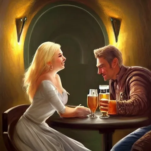 Prompt: blonde woman and Boba Fett drinking beer in a wine cellar, atmospheric, aphrodisiac, romantic, cozy, inviting, love, painting by Vladimir Volegov