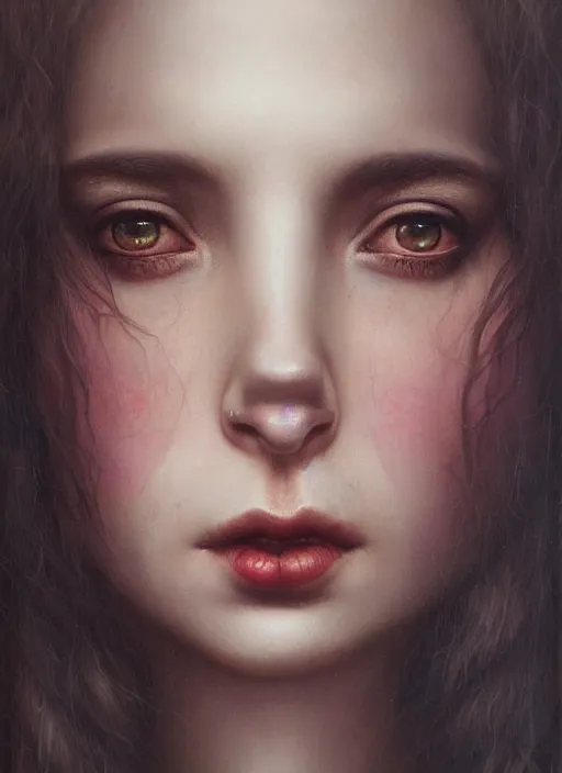 Image similar to hyper realistic, detailed portrait, close - up, dark witch, painting by tom bagshaw, smooth, sharp focus