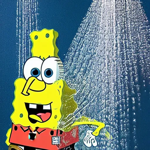 Image similar to spongebob standing in large shower, 4 k realistic photo