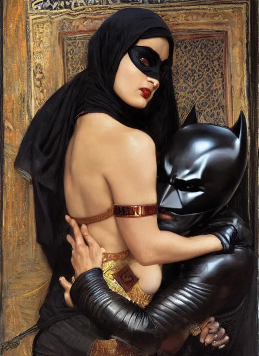 Image similar to Catwoman and batman, Iranian orientalist portrait by john william waterhouse and Edwin Longsden Long and Theodore Ralli and Nasreddine Dinet, oil on canvas. Cinematic, hyper realism, realistic proportions, dramatic lighting, high detail 4k