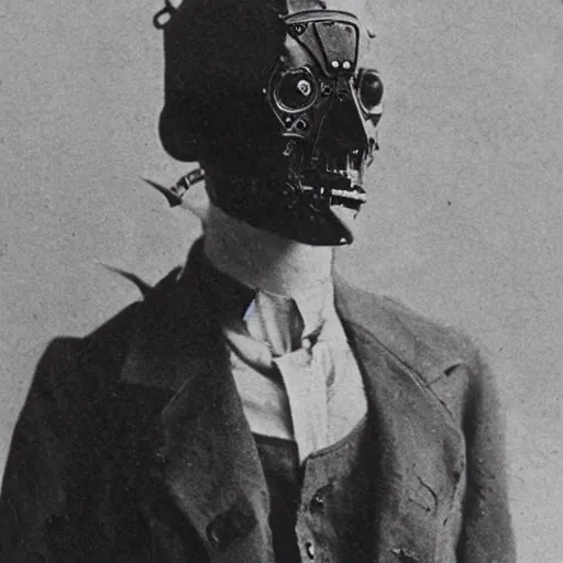 Image similar to early 1900s picture of a sad cyborg