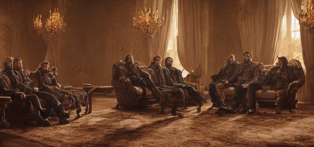 Prompt: a highly detailed picture of the reaction guys sitting on a couch that looks like the iron throne, four excited men, 8 k, artstation, volumetric lighting, smooth, highly detailed, octane render, by andres rocha and albert bierstadt and greg rutkowski