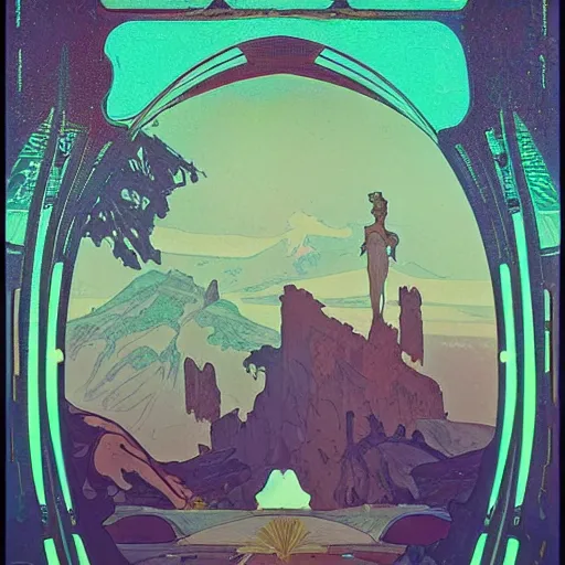 Prompt: An ancient landscape by beeple and Alphonse Mucha, cinematic