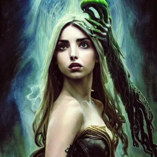 Image similar to half length portrait of ana de armas as a warlock using cthulhu eldritch magic, d & d, medieval, fantasy, giger, royo, klimt, miro, vallejo, frazetta, alphonse mucha, greg rutkowski, whealan