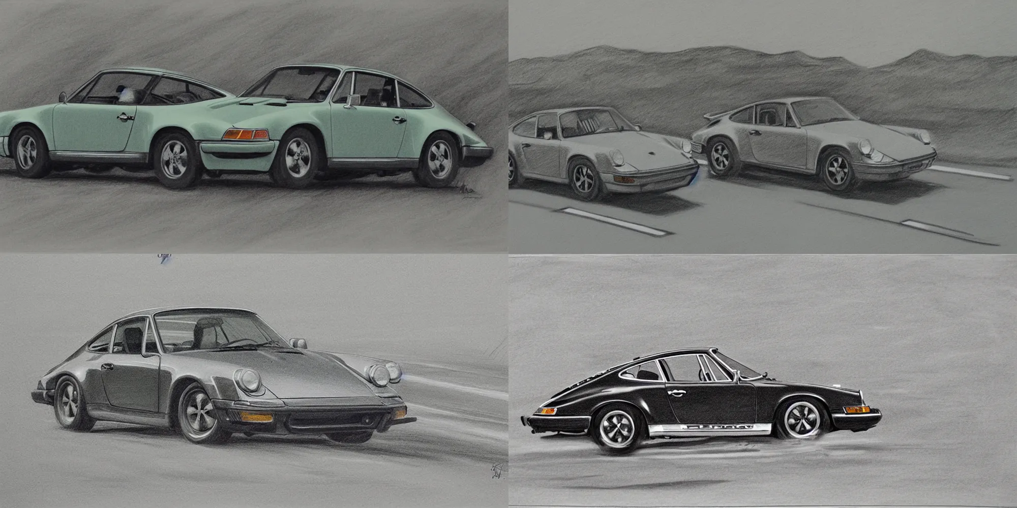 Prompt: detailed charcoal sketch of 1970s green Signer 911 driving on highway three quarter view