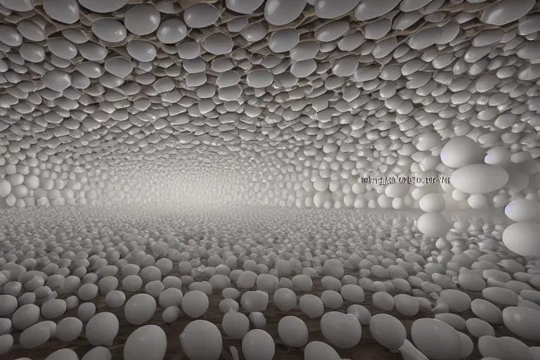 Prompt: many white spherical egg shaped spaces arranged up and down formation a cell building, by pierre bernard, on the calm lake, people's perspective, future, interior wood, marble, award winning, highly detailed 4 k art, dusk, unreal engine highly rendered, global illumination, radial light, internal environment