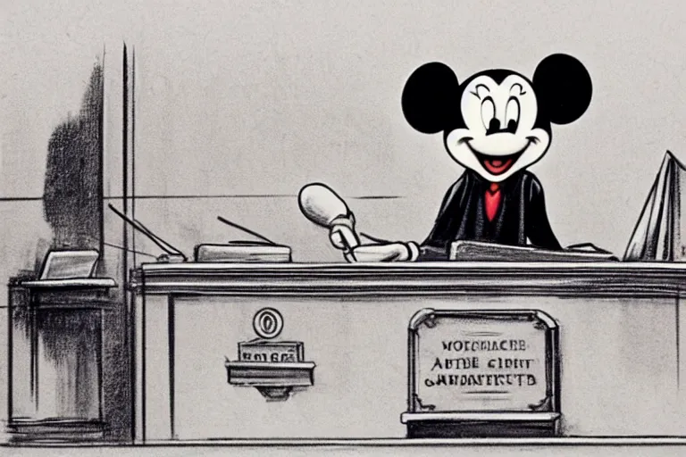 Image similar to detailed background courtroom sketch of vintage disney character lawyer mickey mouse presenting evidence of copyright infringement to the judge bench court room wooden serious dark tone