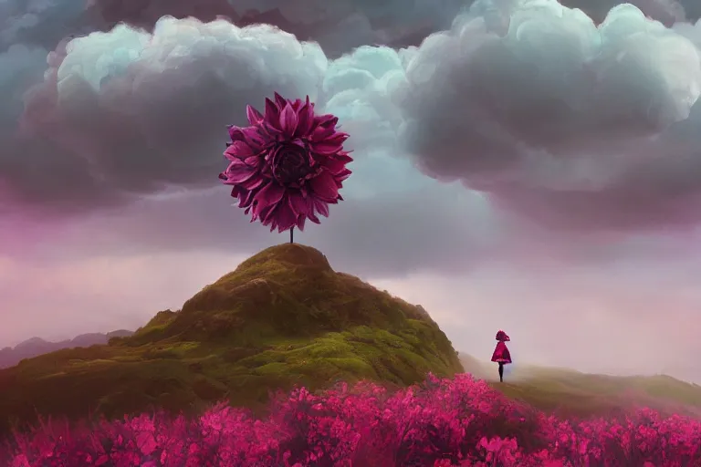 Prompt: a giant dahlia flower crown head, girl walking on mountain, surreal photography, pink storm clouds, dramatic light, impressionist painting, digital painting, artstation, simon stalenhag