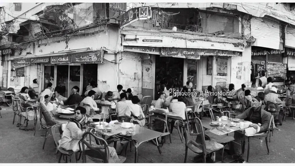 Image similar to photograph of a cafe in central baghdad in the 1 9 6 0 s + fujifilm