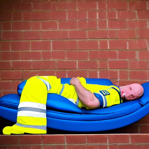 Image similar to bald firefighter asleep on a blue reclining chair