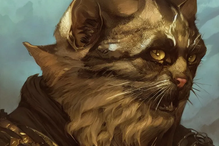 Image similar to A portrait of the catfolk Khajit from Skyrim, Magic the Gathering art, art by greg rutkowski and alphonse mucha, highly detailed, digital painting, matte painting, concept art, illustration, oppressive lighting, trending on artstation, very detailed